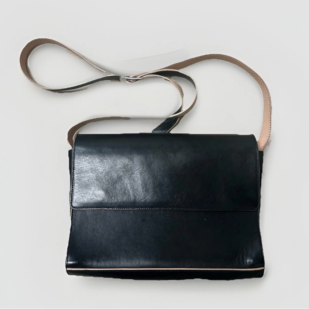 COS Black Leather Shoulder Bag with Beige Strap